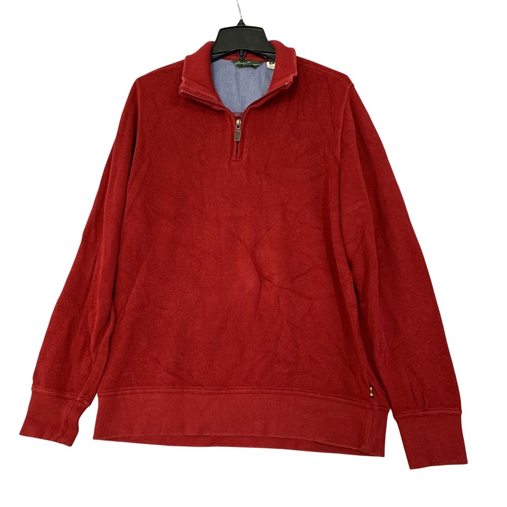 Eddie Bauer Mens M Red Quarter Zip Pullover Sweater 100% Cotton